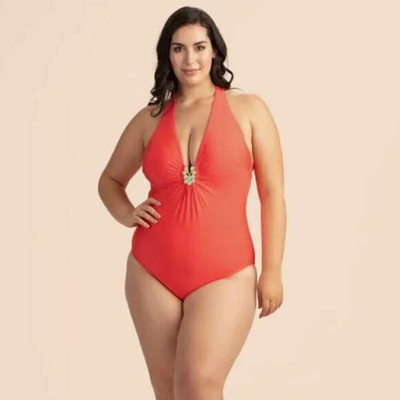 💕TRINA TURK💕 Bijou Solids V-Plunge Plus One Piece Swimsuit Poppy Coral 20W